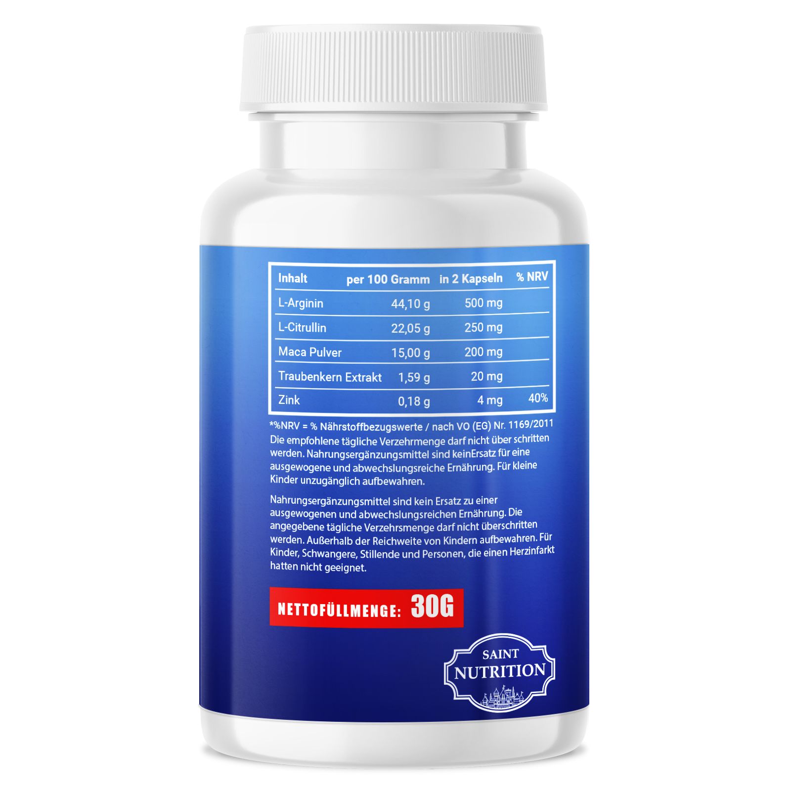 Retro di un flacone di pillole bianco. Scritta blu con ingredienti e informazioni nutrizionali. Peso netto: 30g. Logo Saint Nutrition.