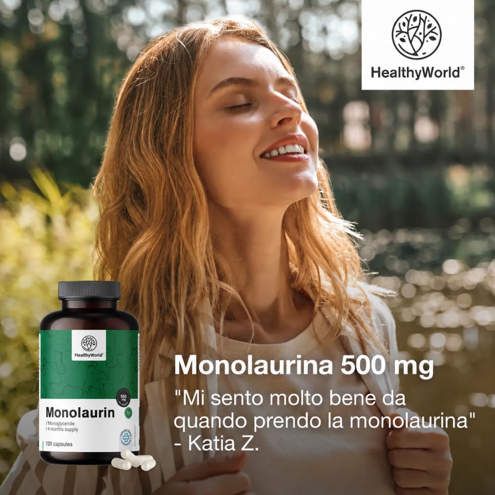 Donna con scatola di Monolaurina 500 mg, gode del sole.