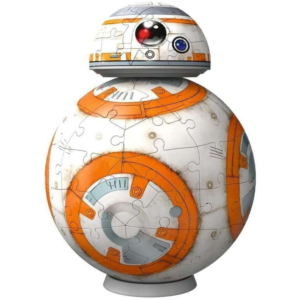 Puzzle 3D BB-8 assemblato. Pezzi bianchi, arancioni e grigi formano BB-8. Forma rotonda con dettagli.