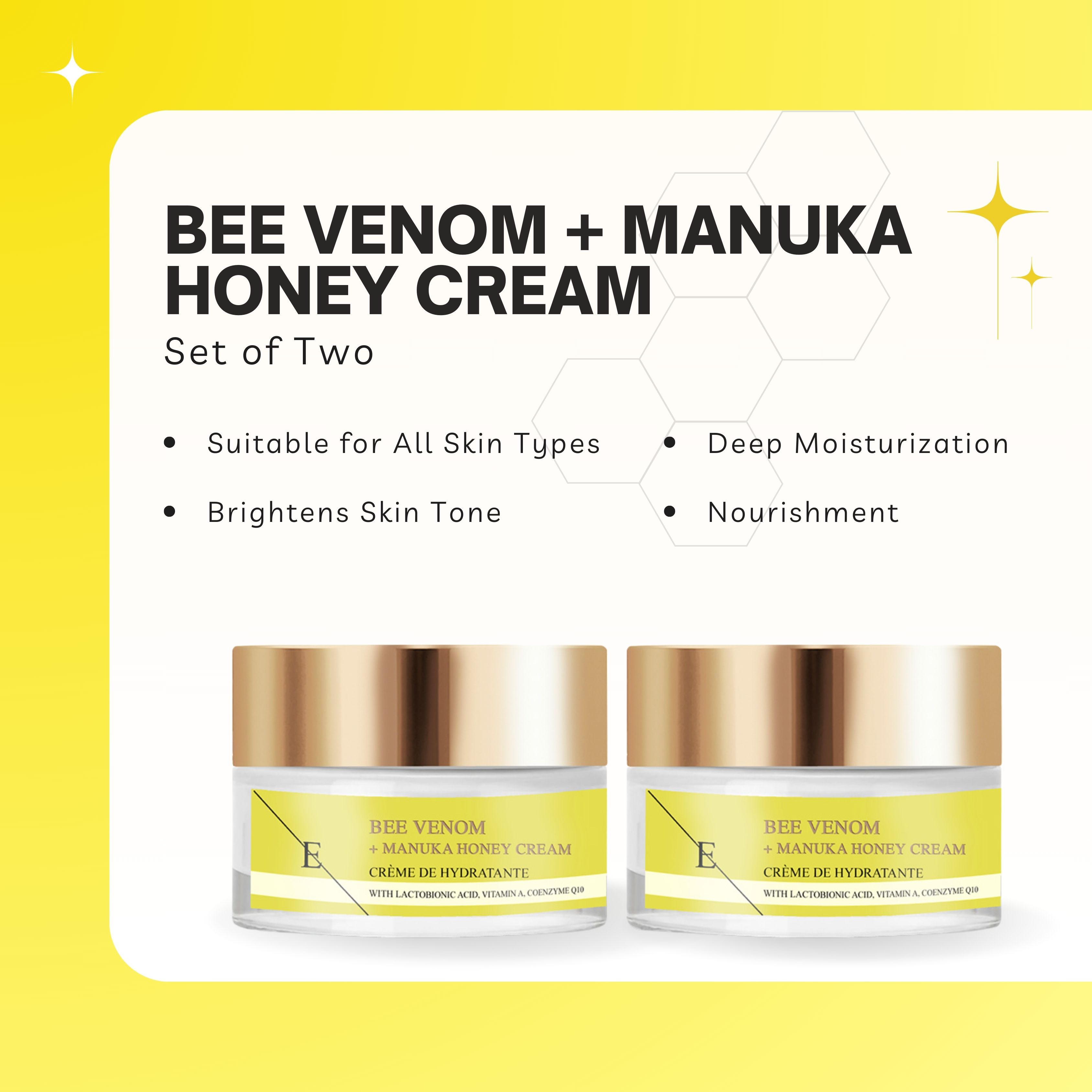 Due vasetti di crema con coperchi dorati. Etichette gialle con testo: Bee Venom + Manuka Honey Cream. Su sfondo giallo.
