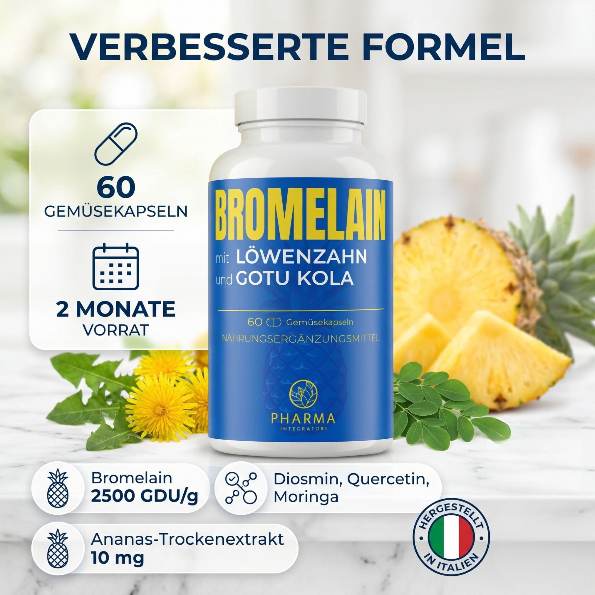 Flacone di Bromelina con Tarassaco e Gotu Kola, con ananas e tarassaco.