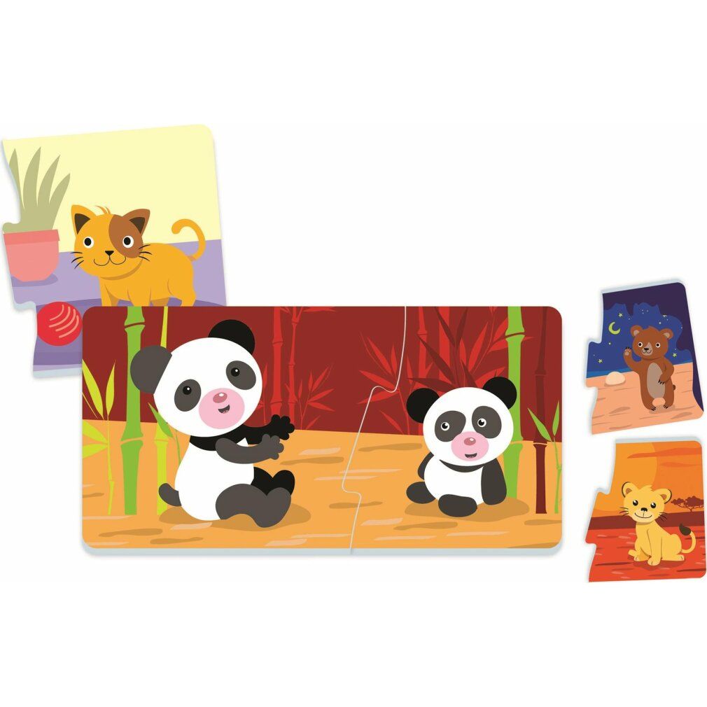 Pezzi di puzzle con panda e gatti. Singoli pezzi mostrano scene di animali. Logo Clementoni visibile.