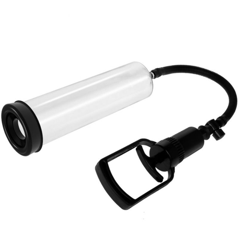 Pompa peniena trasparente con impugnatura e tubo neri. Corpo cilindrico.