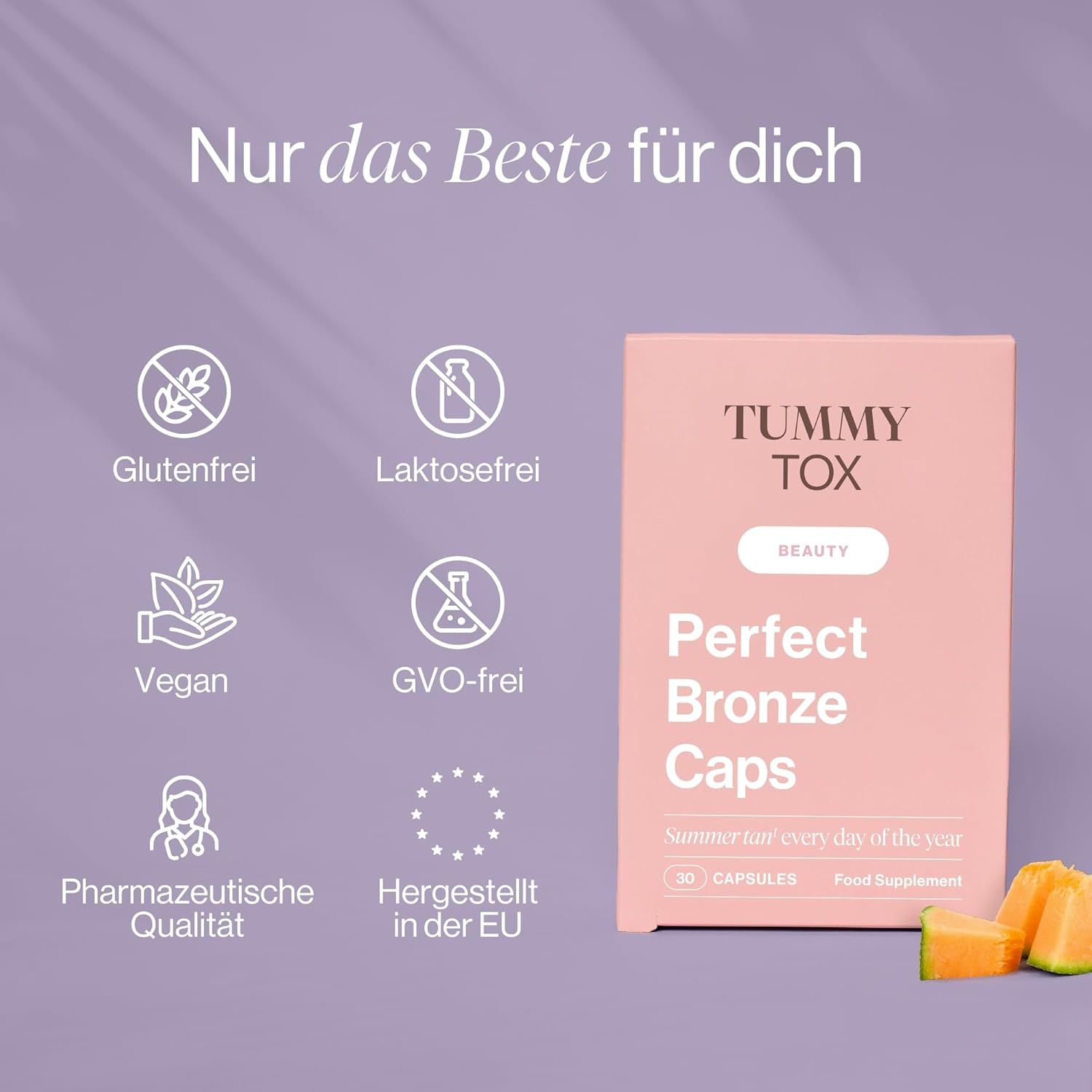 Scatola rosa con 'Tummy Tox Perfect Bronze Caps'. Simboli: Senza glutine, Senza lattosio, Vegano, Senza OGM, Qualità farmaceutica, Prodotto in UE.