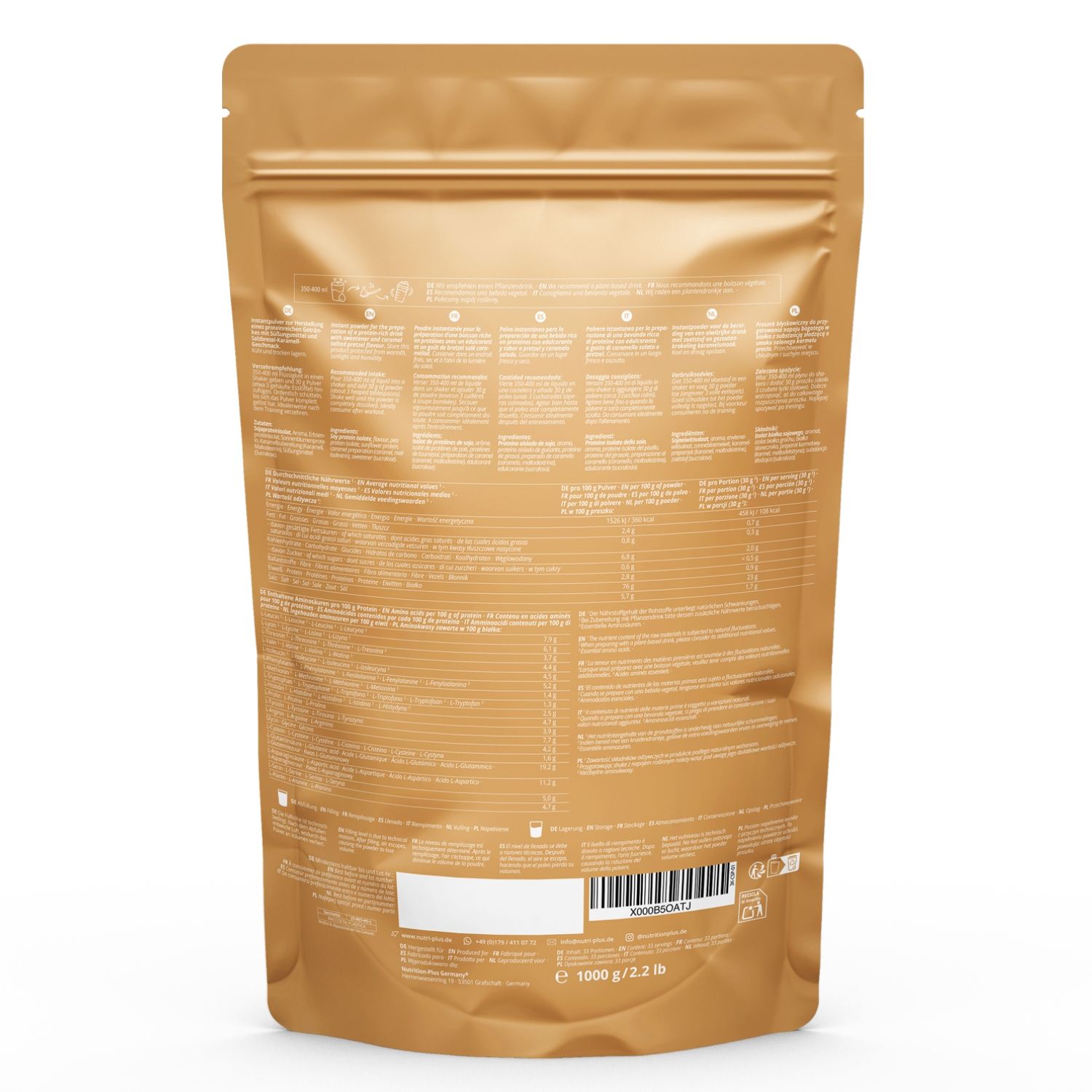 Retro di una busta dorata nutri+ 'VEGAN 3K PROTEIN'. Contiene informazioni nutrizionali e codice a barre.