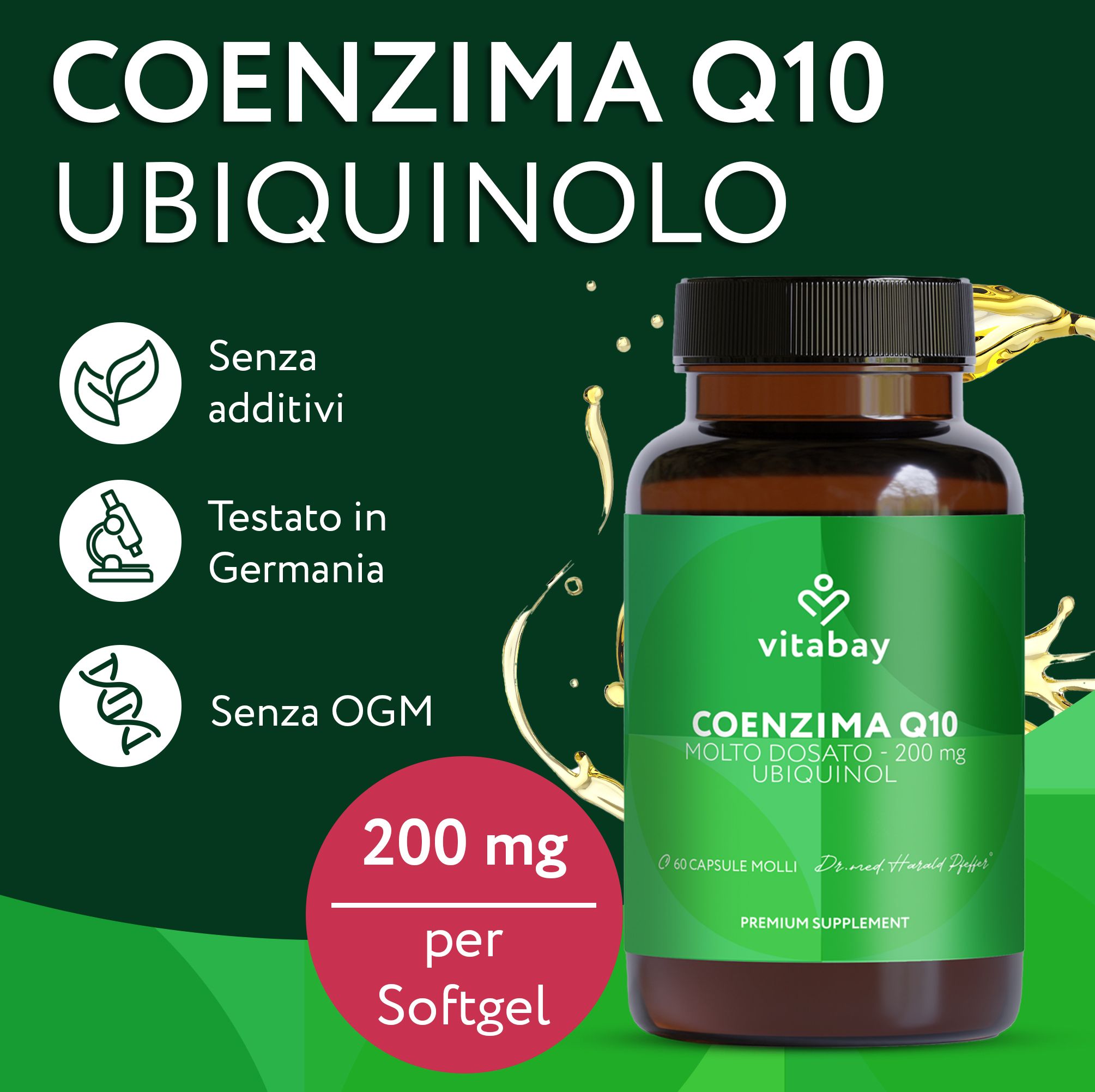 Flacone marrone con capsule. Testo: Coenzima Q10 Ubiquinolo, 200 mg per capsula, 60 capsule. Logo Vitabay.