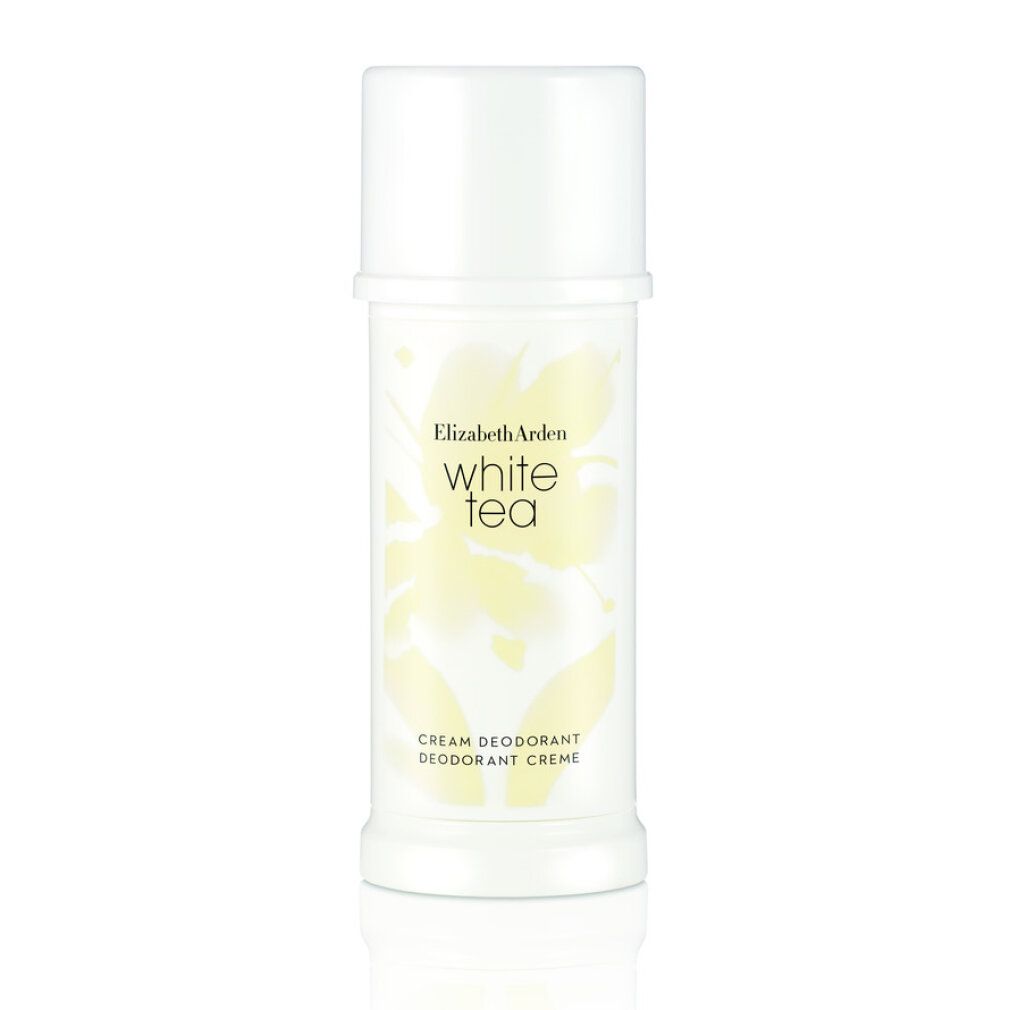 Stick crema deodorante bianco Elizabeth Arden. Coperchio e contenitore bianchi, motivo floreale e testo.