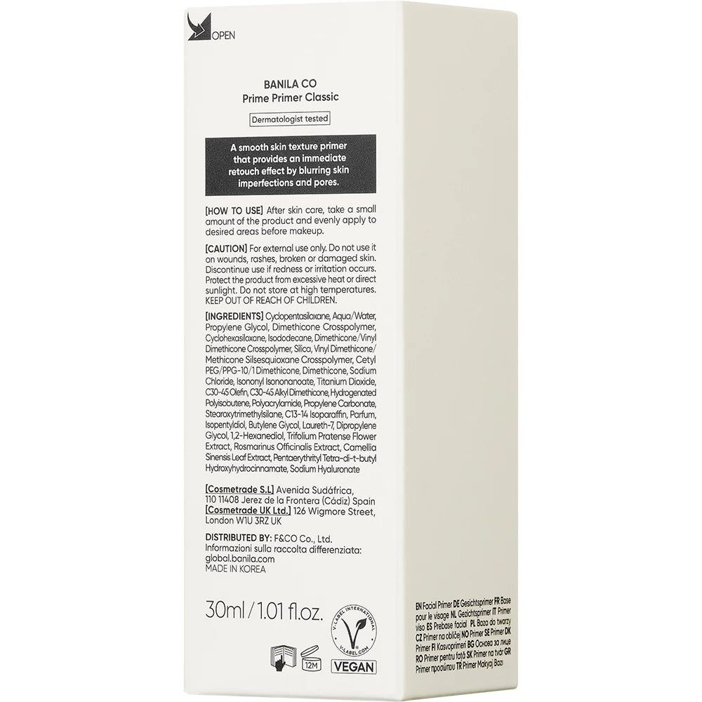 Retro della confezione BANILA CO Prime Primer Classic con ingredienti.
