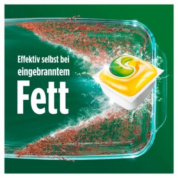 Pastiglia lavastoviglie in contenitore di vetro. Giallo-verde. Testo: 'Efficace anche sul grasso bruciato'.