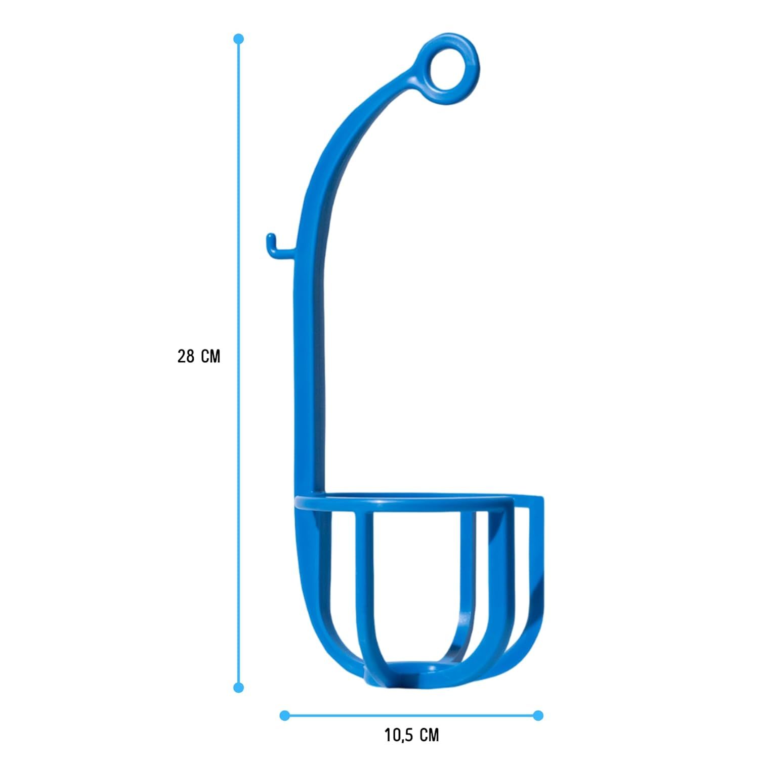 Cesto sospeso blu in plastica, alto 28 cm, largo 10,5 cm.