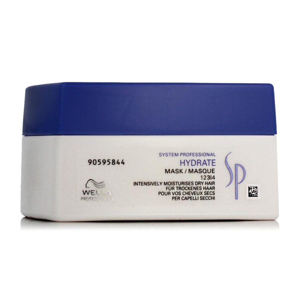 Contenitore bianco con coperchio blu. Testo: Hydrate Mask, System Professional, Wella.