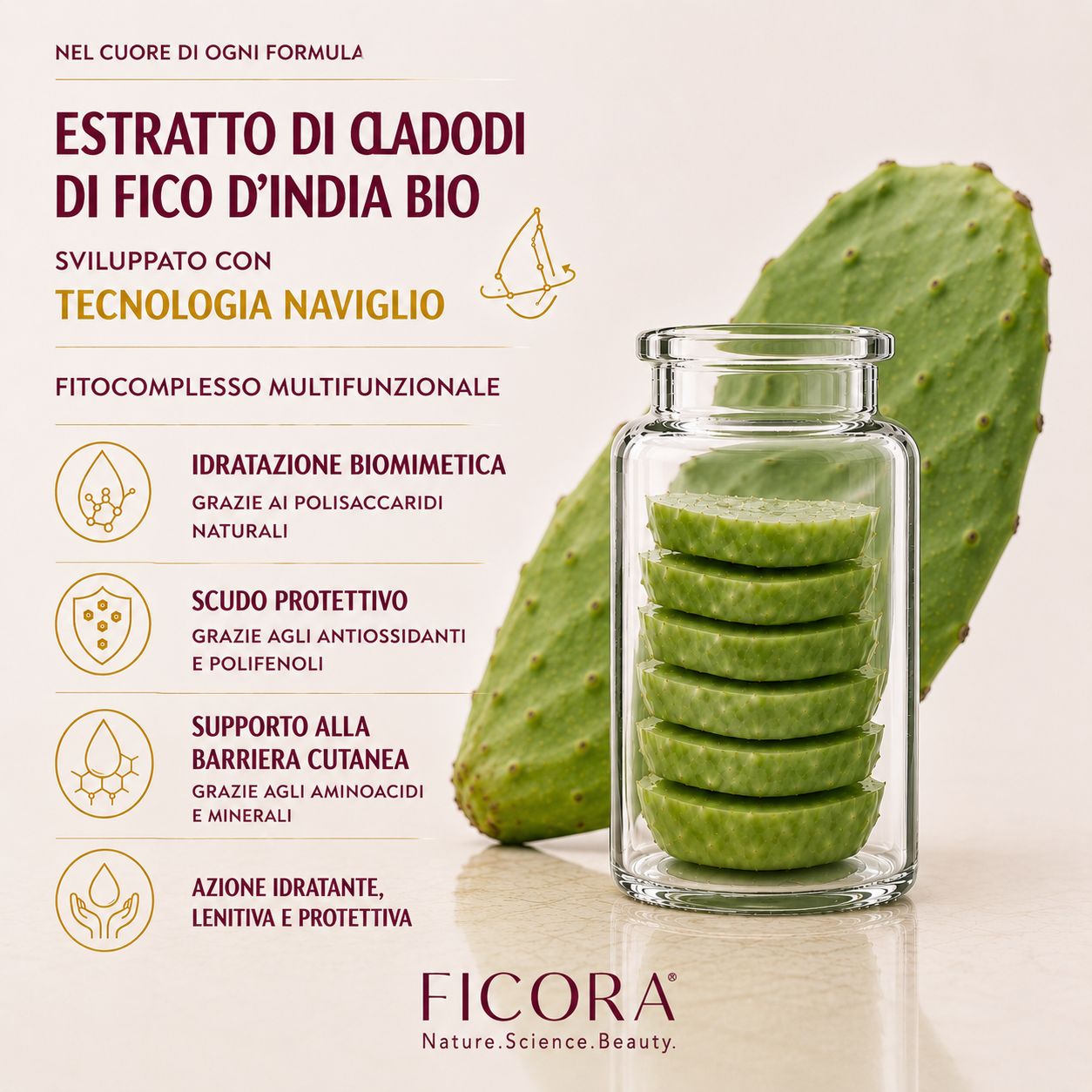 Flacone in vetro con fette di fico d'India, accanto a una foglia di cactus. Marca: FICORA.