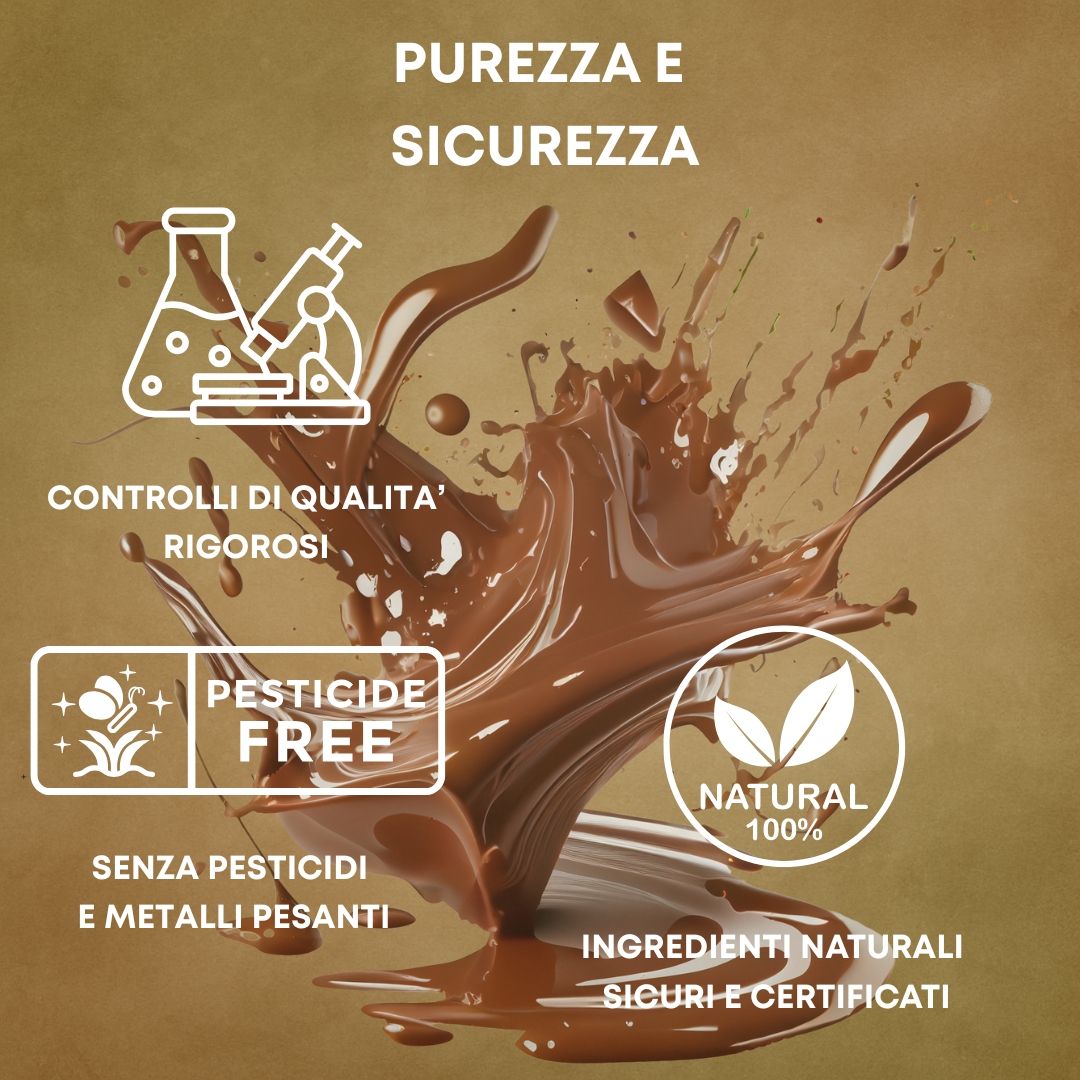Schizzo di cioccolato liquido. Icone per controllo qualità, senza pesticidi e ingredienti naturali.