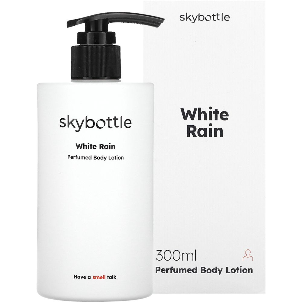 Flacone bianco di lozione per il corpo SKYBOTTLE con erogatore nero e confezione. Scritta: White Rain, 300ml.