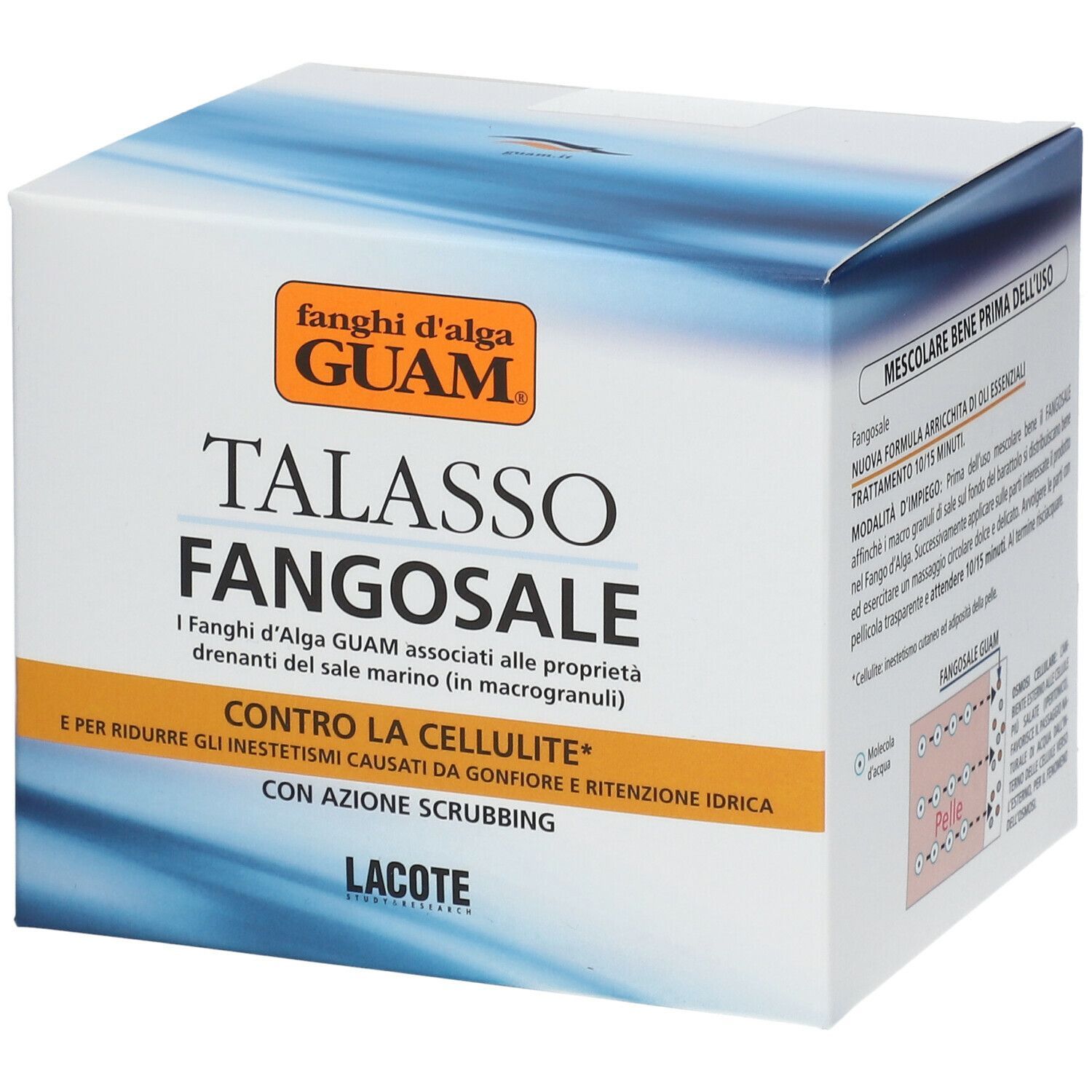 Confezione GUAM® Talasso Fangosale. Scatola blu e bianca con nome e logo del prodotto.