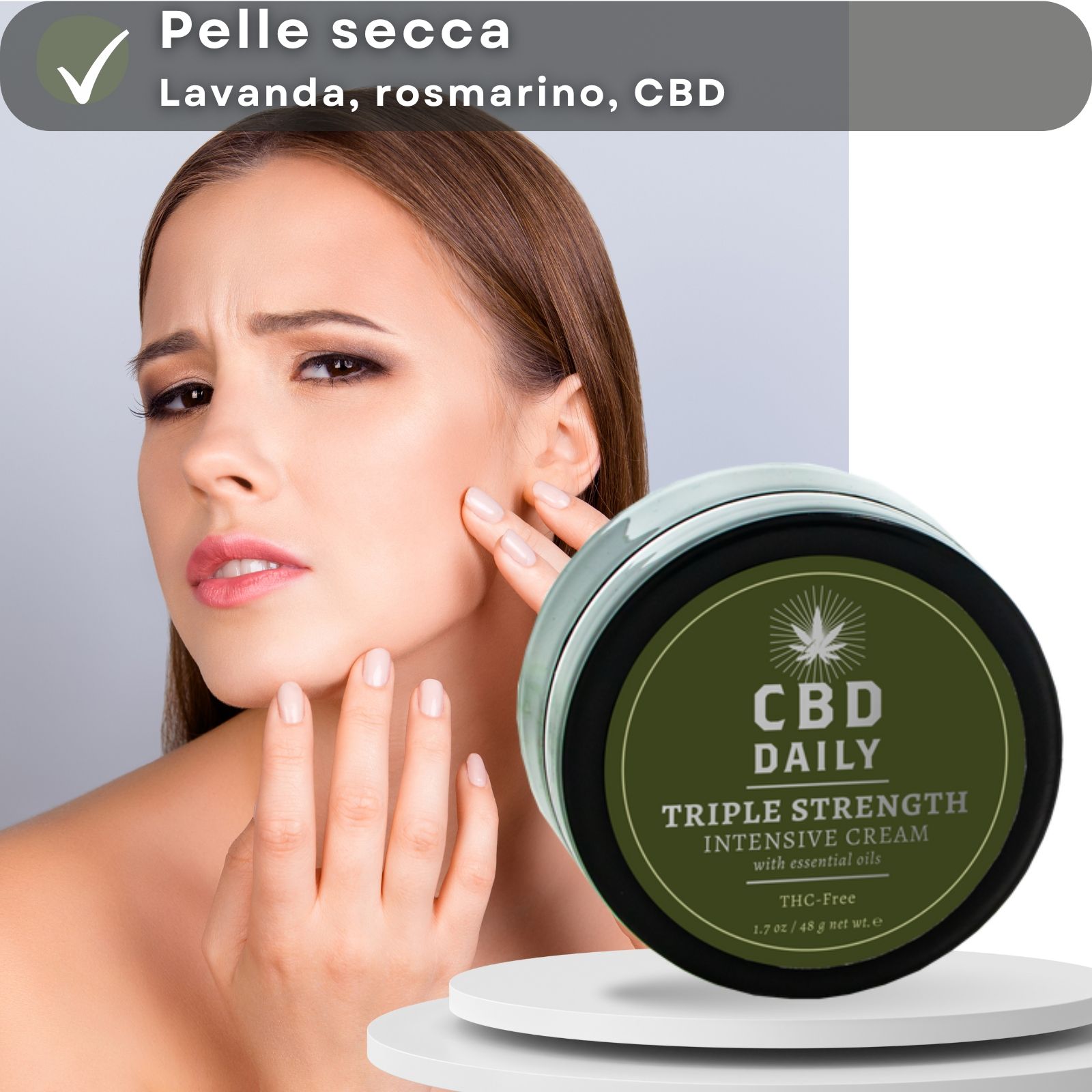 Vasetto di crema e donna. Testo: Pelle secca. Lavanda, rosmarino, CBD.