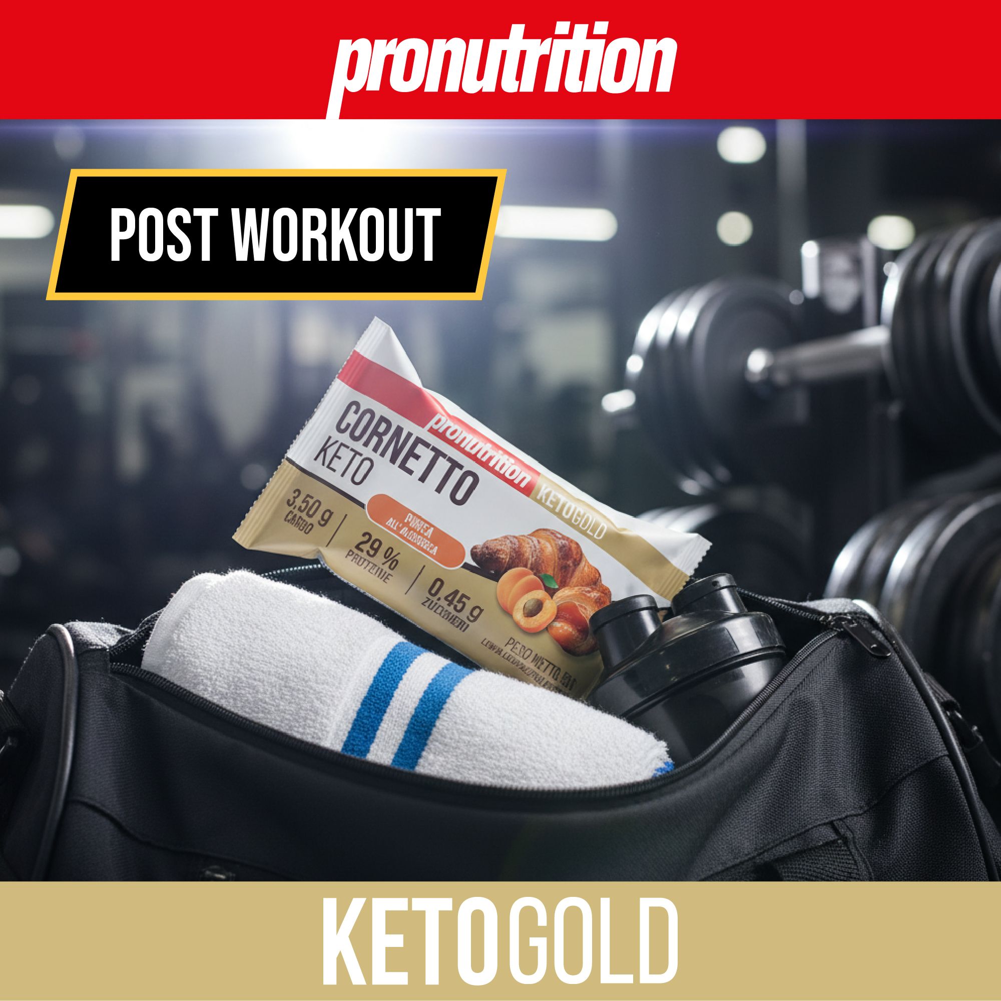 Barretta Cornetto Keto in borsa sportiva con asciugamano e shaker. Post Workout.