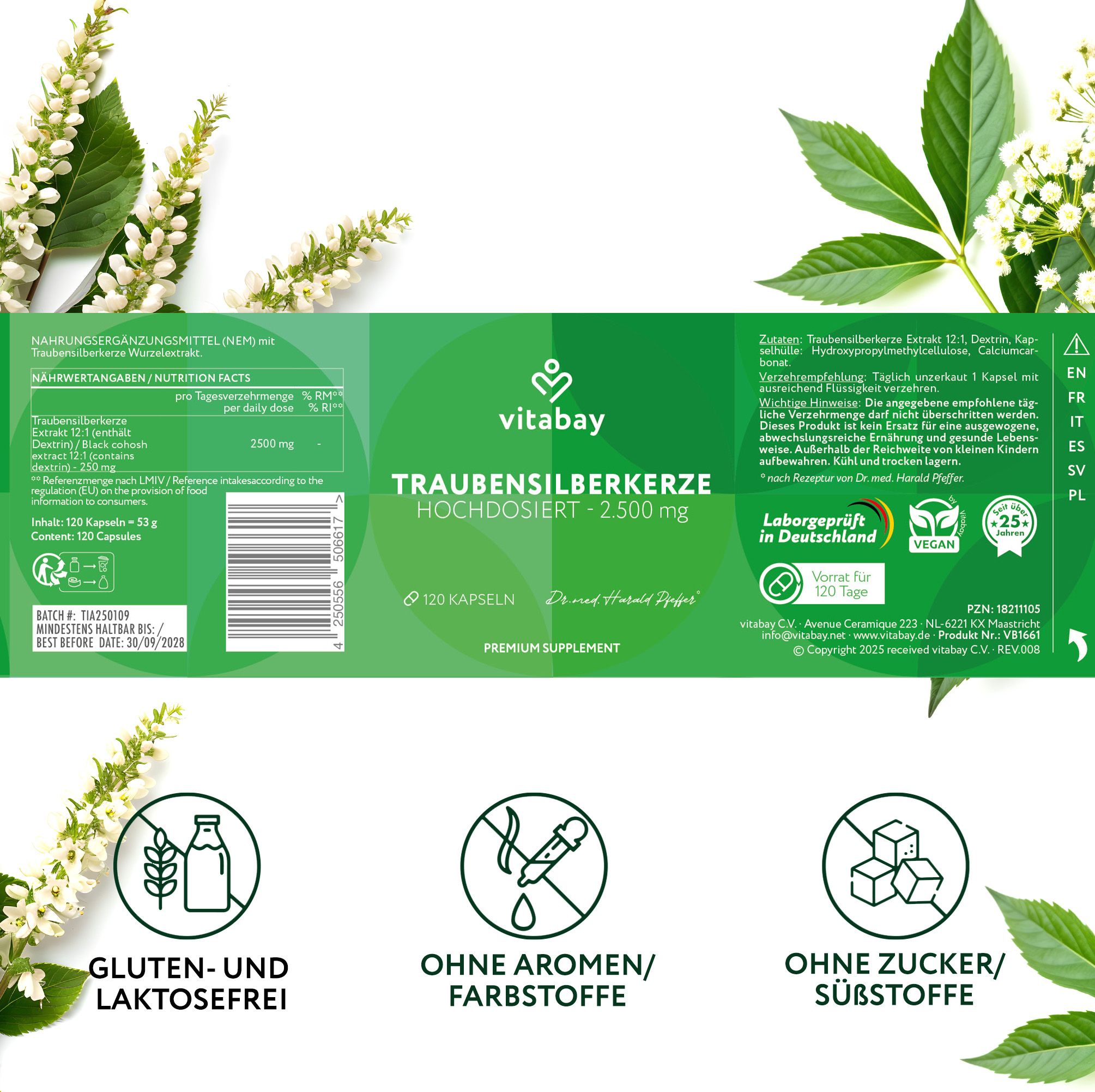 Retro di una confezione di Vitabay Traubensilberkerze 2500 mg. Contiene informazioni sugli ingredienti e sui valori nutrizionali.