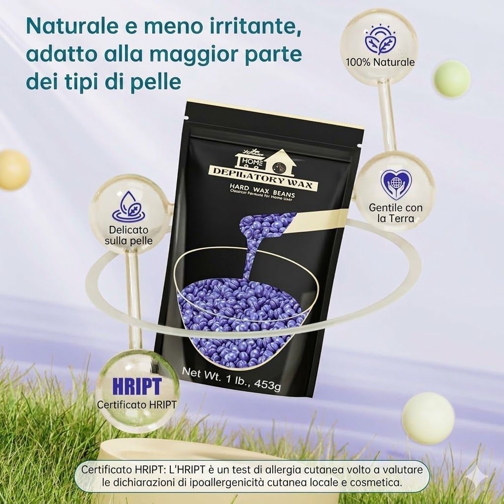 Confezione di perle di cera blu. Testo: Lifestance, certificato HRIPT, delicato sulla pelle, 100% naturale, adatto alla pelle.