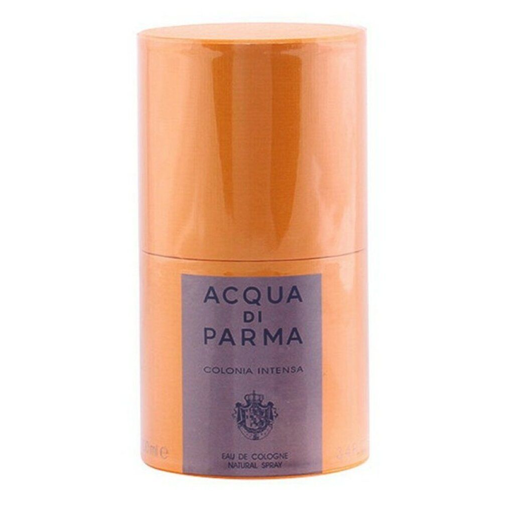 Confezione cilindrica arancione. Etichetta con testo: ACQUA DI PARMA, COLONIA INTENSA. Eau de Cologne Natural Spray.