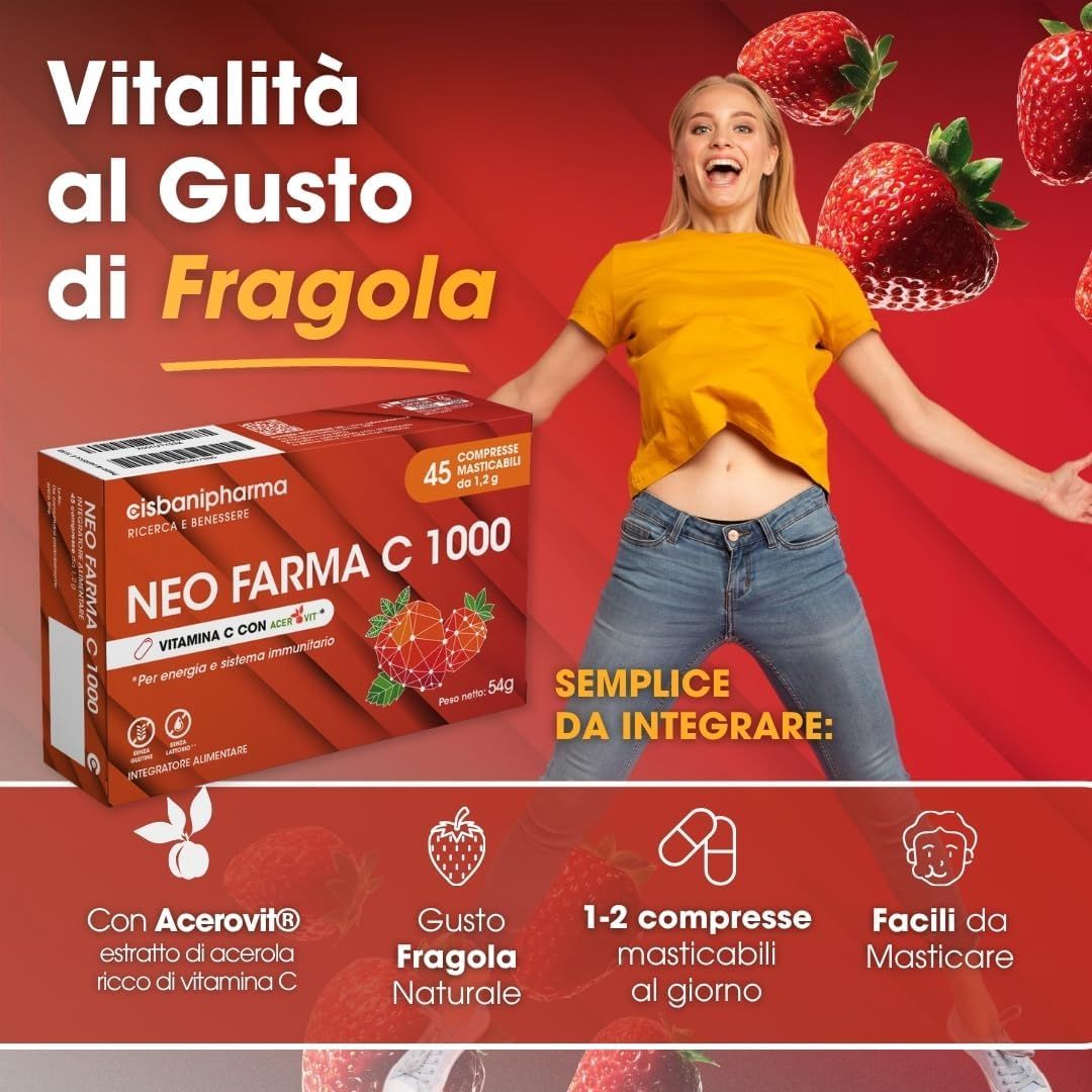 Confezione NEO FARMA C 1000, 45 compresse, gusto fragola.
