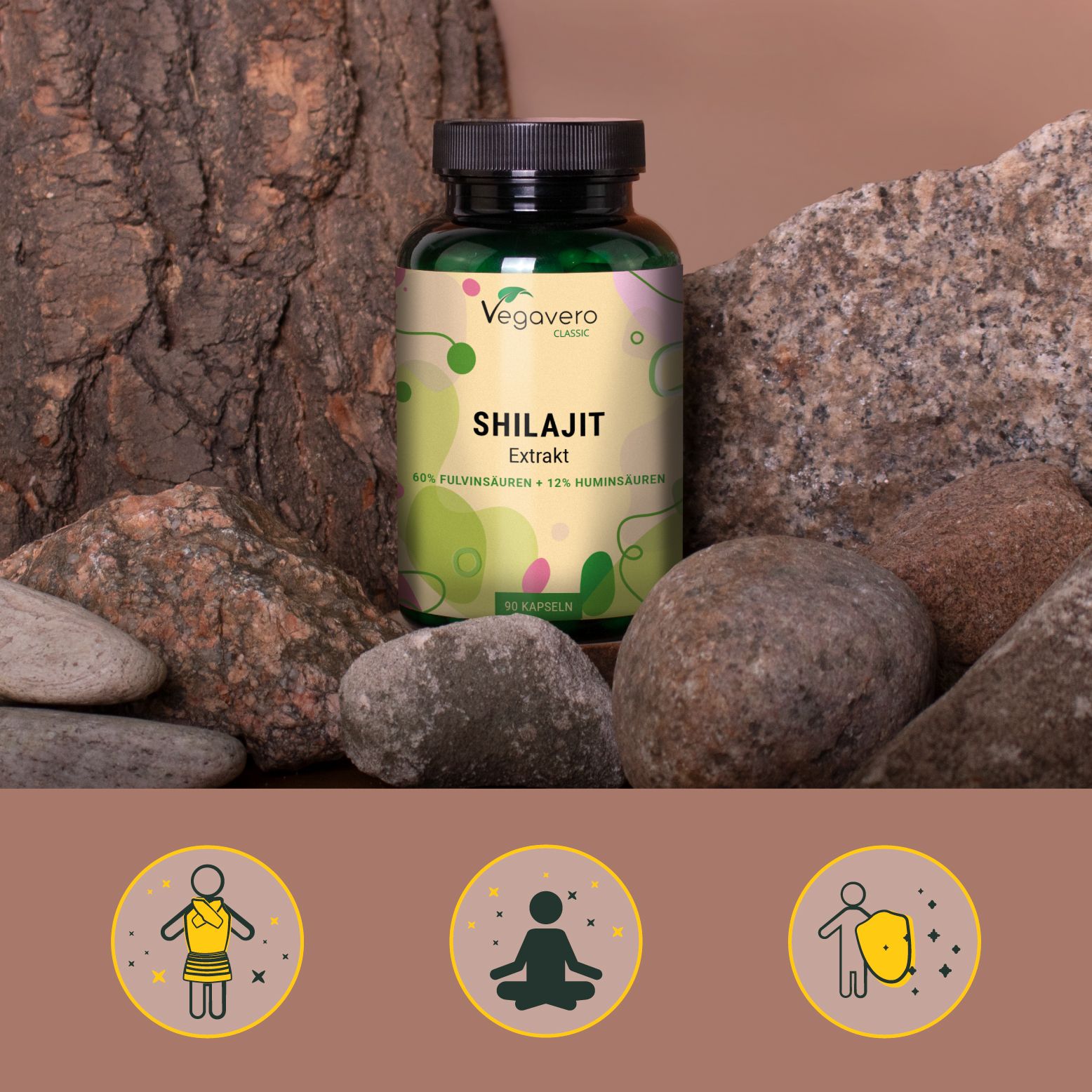Flacone verde con tappo nero su pietre. Scritta: Shilajit Extrakt. Tre icone: persona, meditazione, scudo.