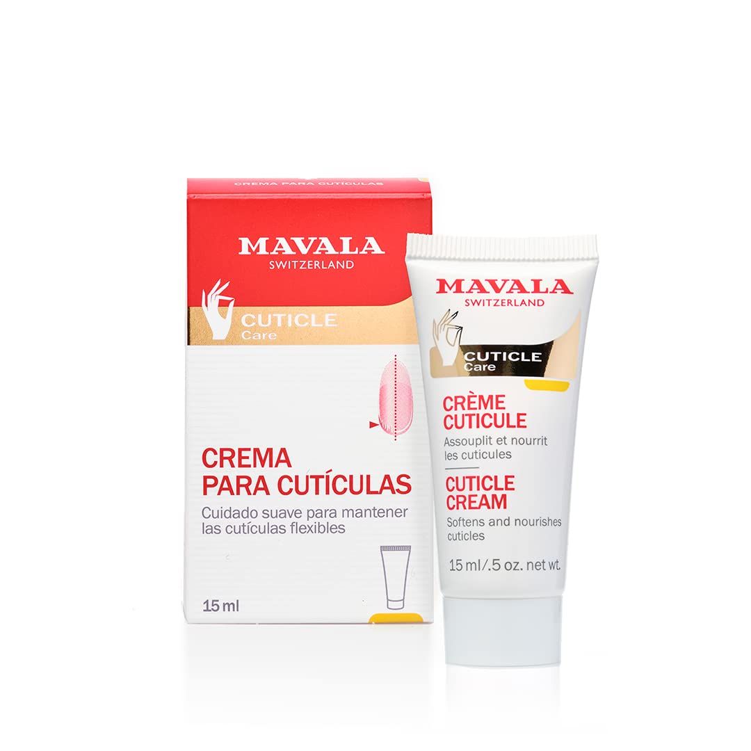 Crema per cuticole, tubo e scatola. Testo: Crème Cuticule, 15 ml. Marchio: Mavala Switzerland. Confezione in spagnolo.