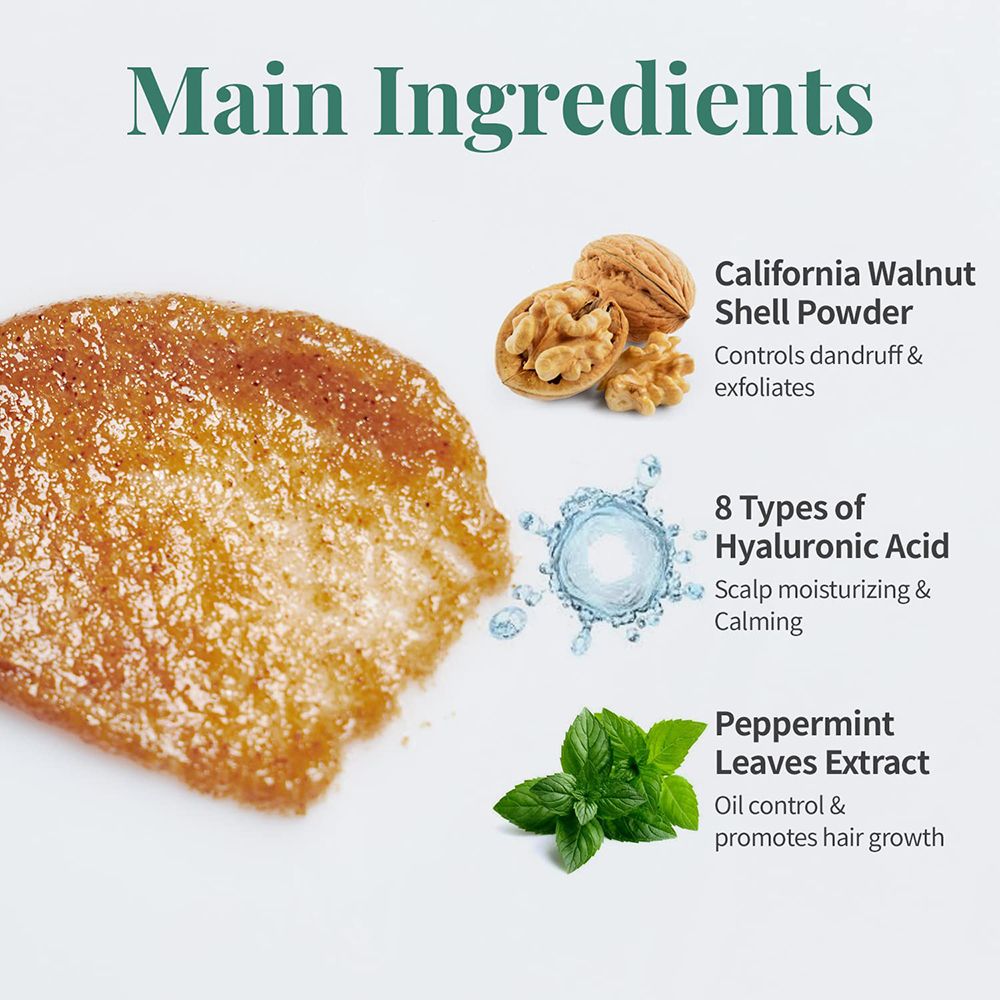 Primo piano degli ingredienti. Polvere di guscio di noce, acido ialuronico, estratto di menta piperita. Testo: Ingredienti principali, vantaggi.