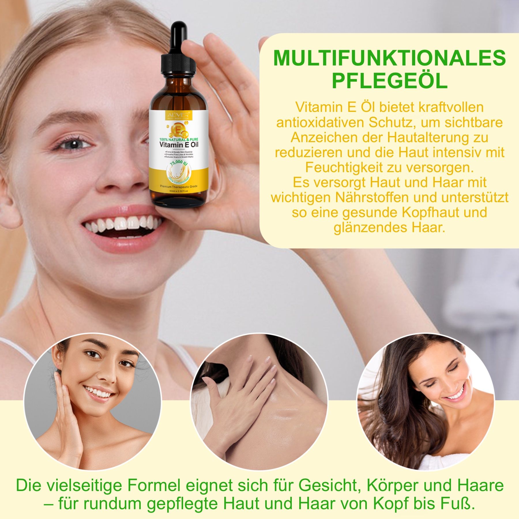 Donna con olio di vitamina E ALIVER. Testo: Olio multifunzionale per la cura. Benefici: viso, corpo, capelli. Cuoio capelluto e capelli sani.