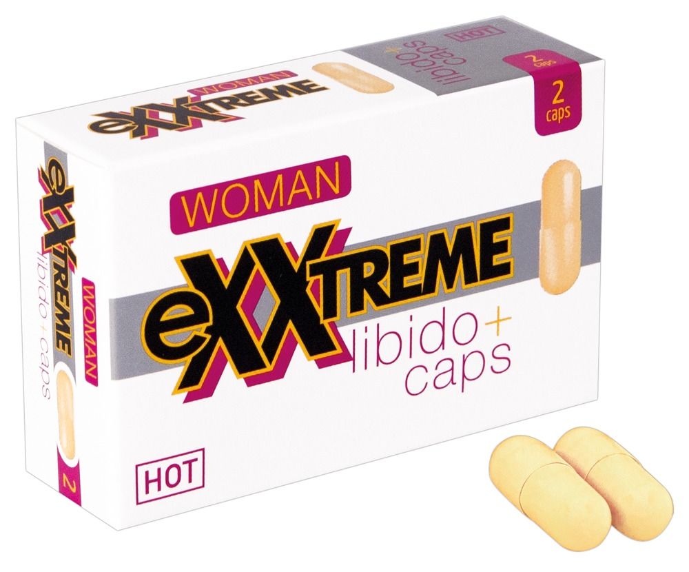 Scatola di capsule. Scritta: eXXtreme libido+ caps, HOT, WOMAN. Due capsule accanto.
