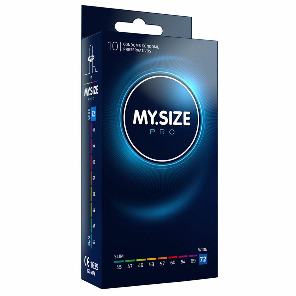 Confezione nera con logo "MY.SIZE PRO" e indicazione taglia 72. Contiene 10 preservativi. Marchio CE.