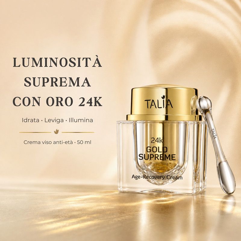 Un vasetto di crema 24k Gold Supreme Age-Recovery con spatola, 50 ml.