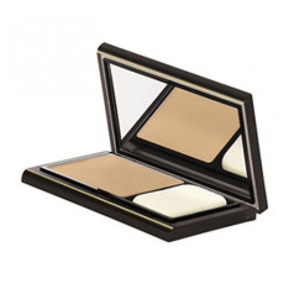 Confezione compatta per trucco rettangolare aperta, nera e oro. Contiene trucco, specchio e spugna.