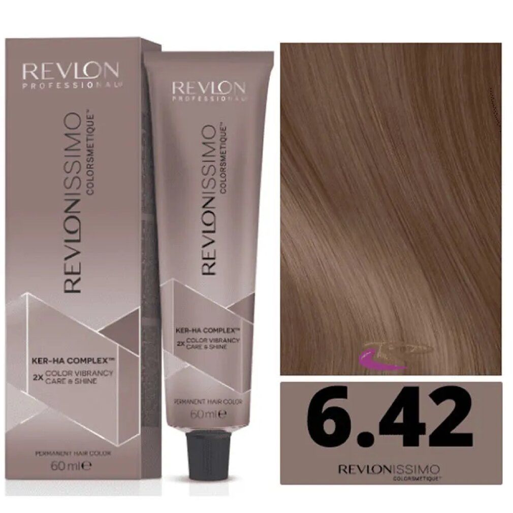 Tinta per capelli Revlonissimo Colorsmetique High Coverage 6,42. Tubo, scatola e campione colore. 60ml. Tonalità 6.42.