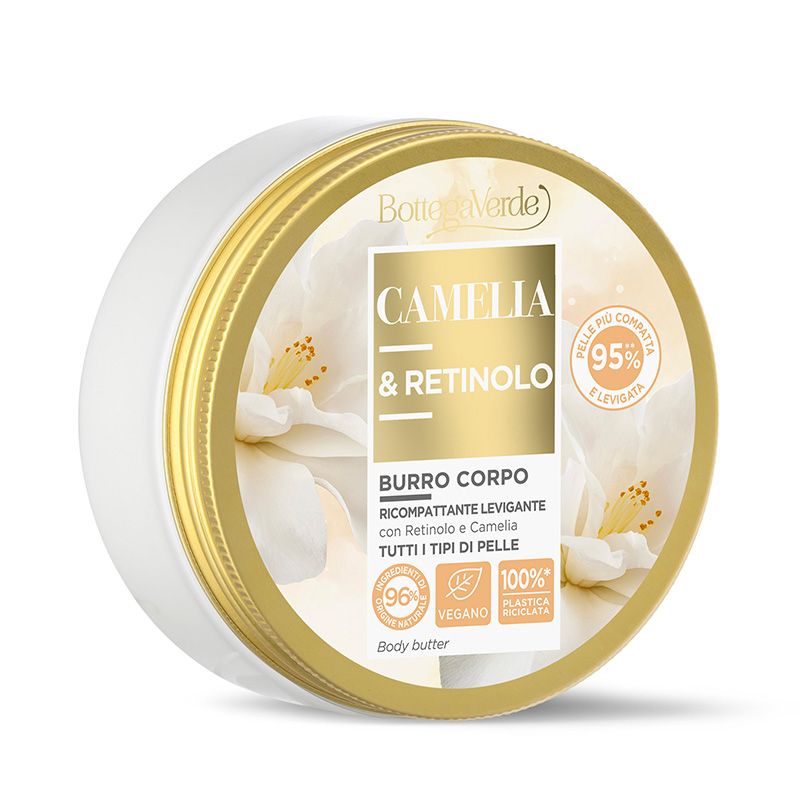 Vaso rotondo con coperchio dorato. Scritta: Camelia & Retinolo, Burro Corpo. Sigilli vegano e senza plastica.