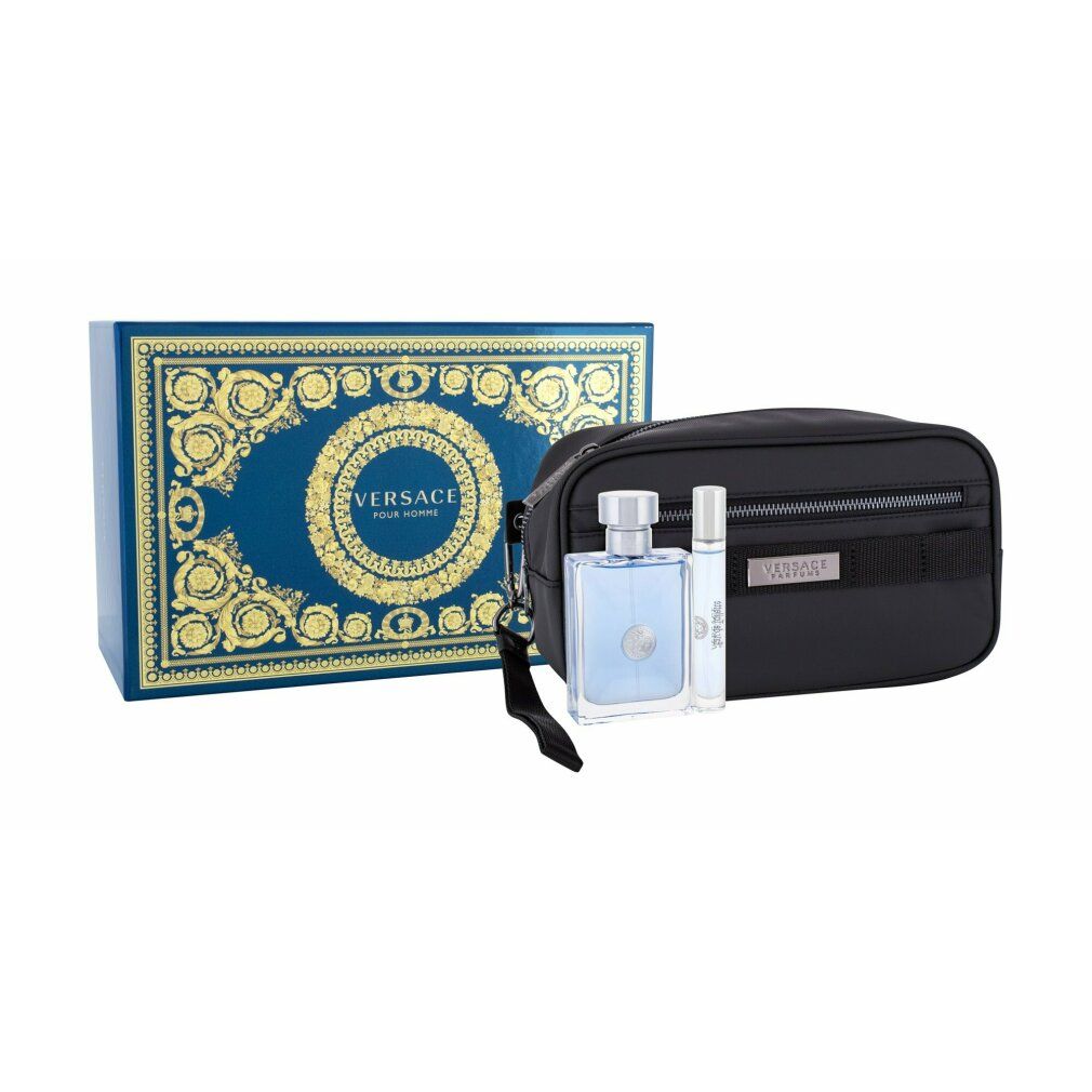 Set regalo con scatola blu, trousse nera, flacone e vaporizzatore. Logo Versace su scatola e flacone.