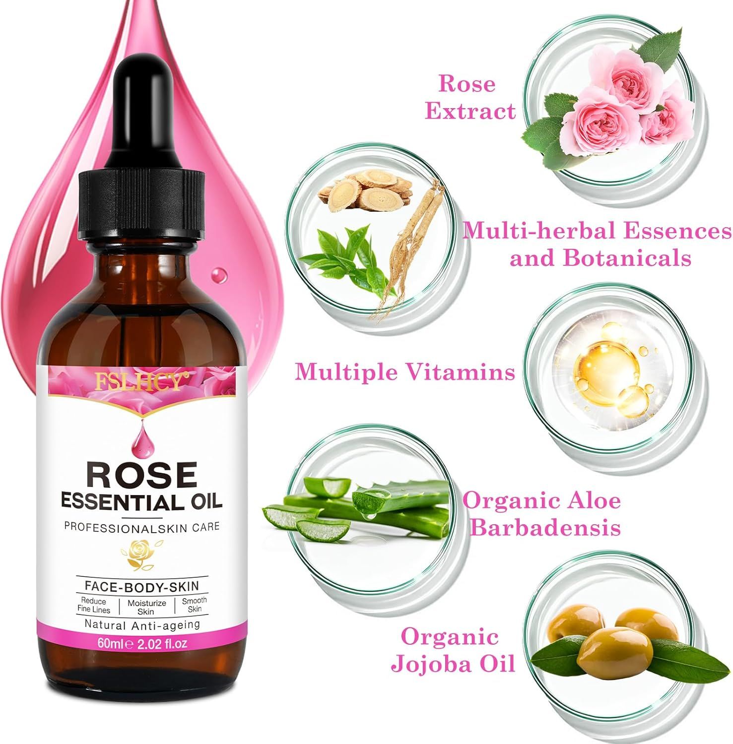 Flacone di vetro marrone con siero e contagocce. Scritta: Rose Essential Oil. Ingredienti: estratto di rosa, vitamine, oli.