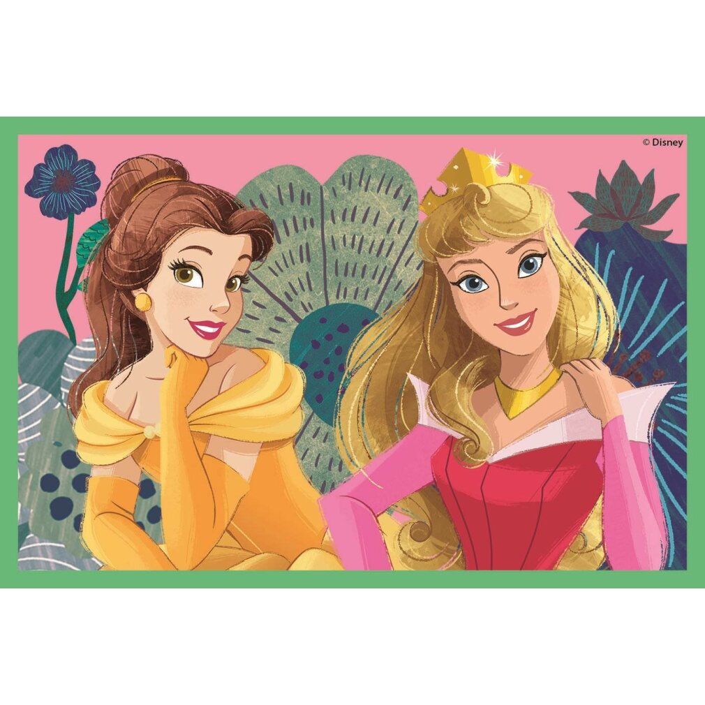 Motivo del puzzle con Belle e Aurora. Entrambe le principesse sorridono. Cornice verde.