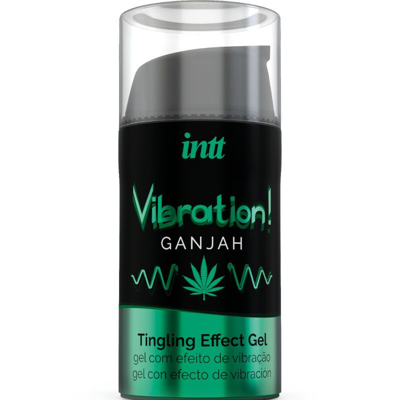 Flacone cilindrico nero. Testo: INTT, Vibration!, Ganjah, Tingling Effect Gel. Parte superiore trasparente.