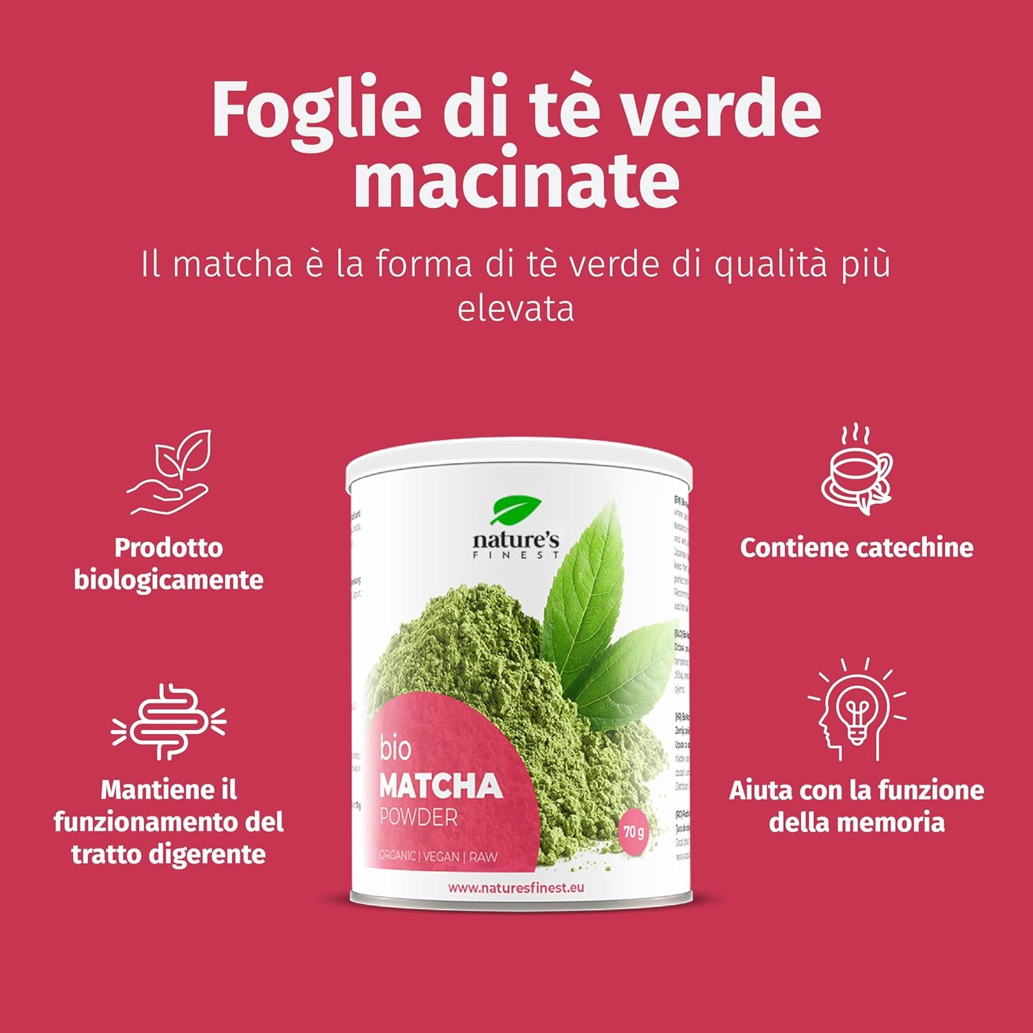 Pubblicità con barattolo di polvere di matcha e icone. Testo: Foglie di tè verde macinate. Contiene catechine, aiuta la digestione.