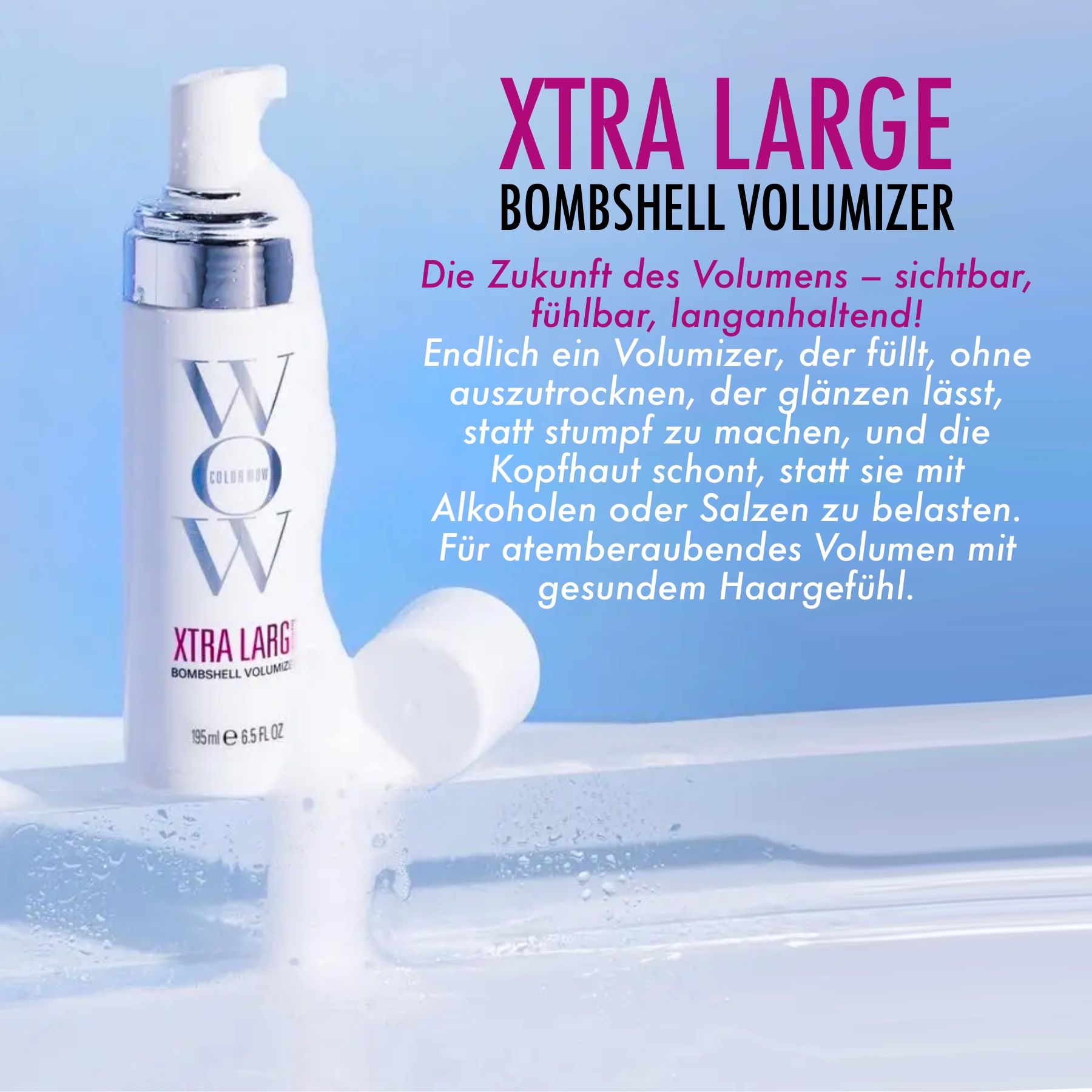 Fissatore per capelli bianco, schiuma sul lavandino. Scritta: Xtra Large Bombshell Volumizer. 195ml.