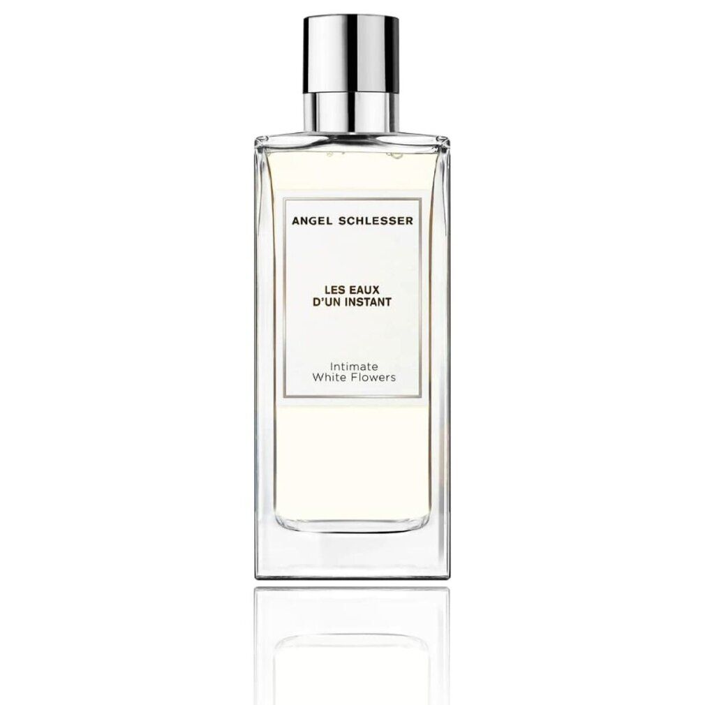 Flacone rettangolare con tappo argentato. Scritta: Angel Schlesser, Les Eaux d'Un Instant, Intimate White Flowers.
