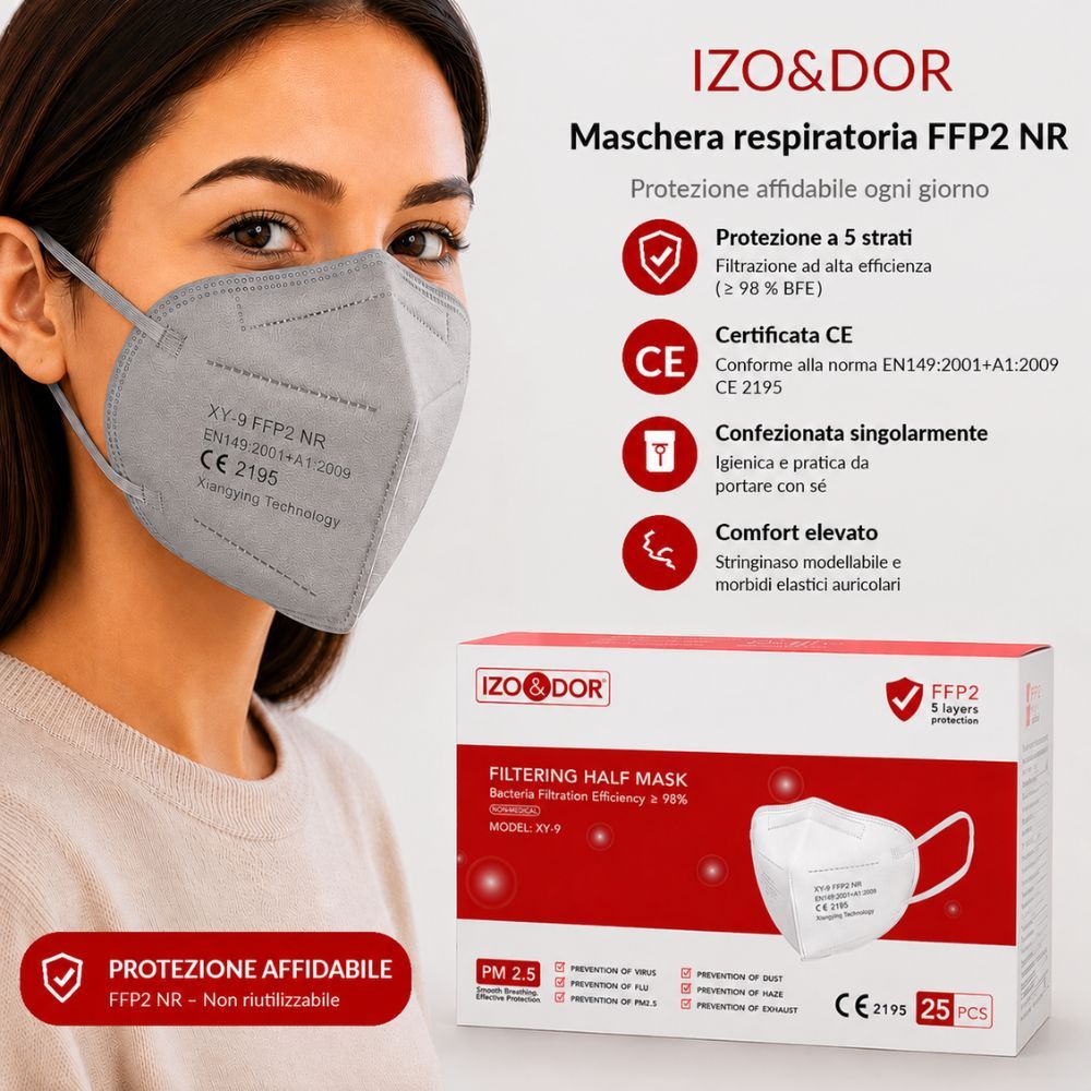 Donna con maschera FFP2 grigia; protezione: 5 strati, certificata CE, confezionata singolarmente.