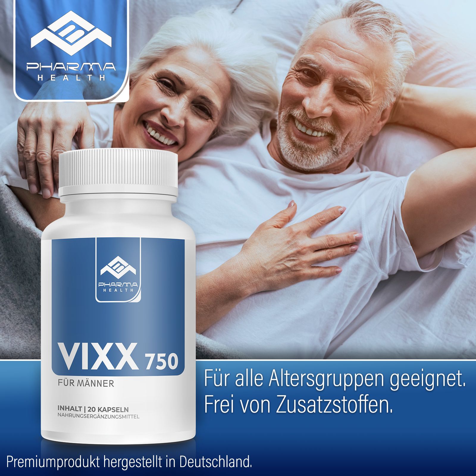 Flacone bianco con etichetta blu. Pharma Health, Vixx 750 per uomini. Adatto a tutte le età. Senza additivi. Prodotto premium.