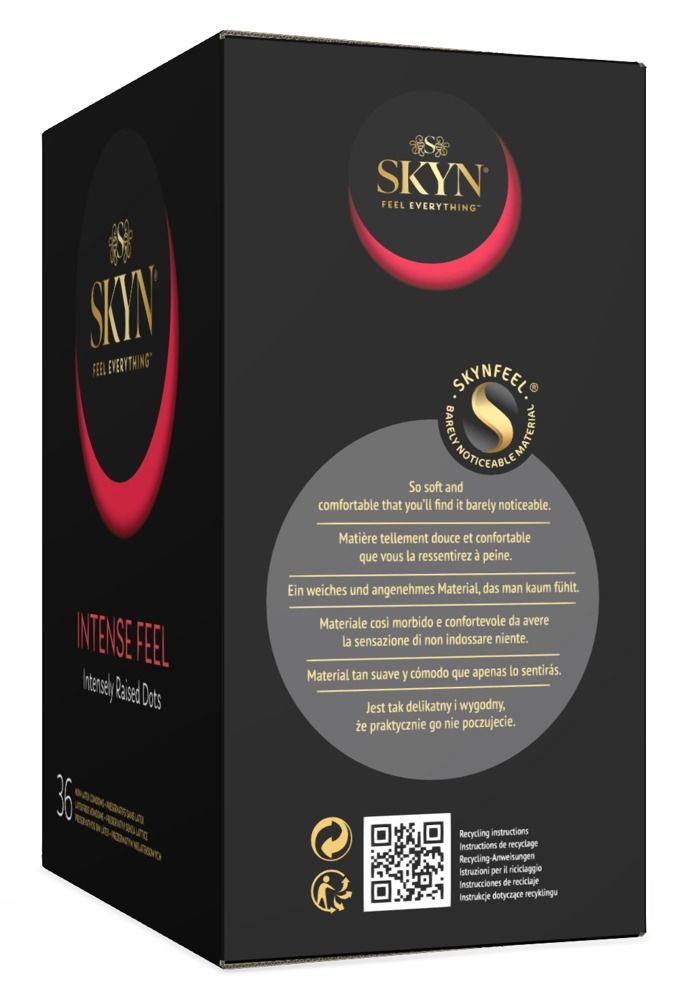 Confezione nera SKYN INTENSE FEEL, 36 pezzi. Testo sul materiale e riciclo. Logo SKYN e scritte.
