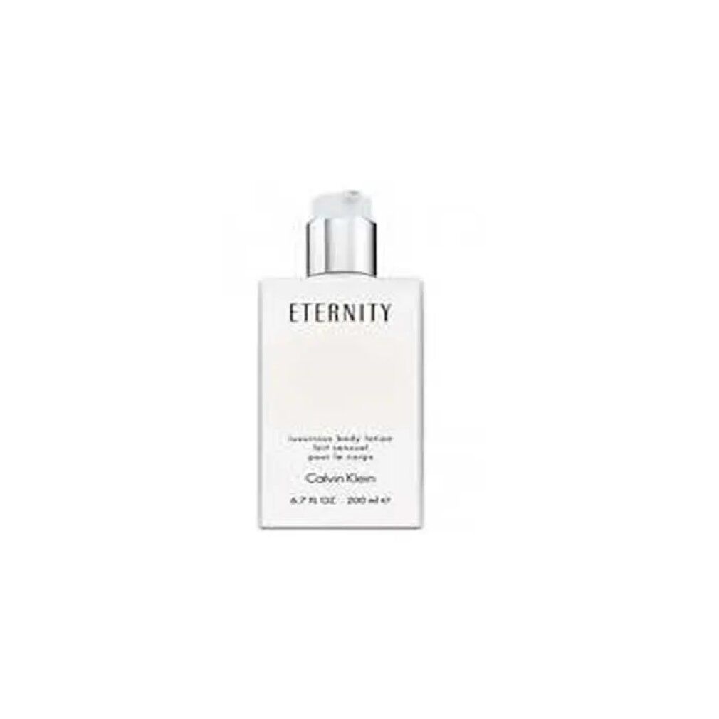 Flacone di lozione beige con dosatore. Scritta: ETERNITY, Calvin Klein. Testo: luxurious body lotion, lait sensuel pour le corps.