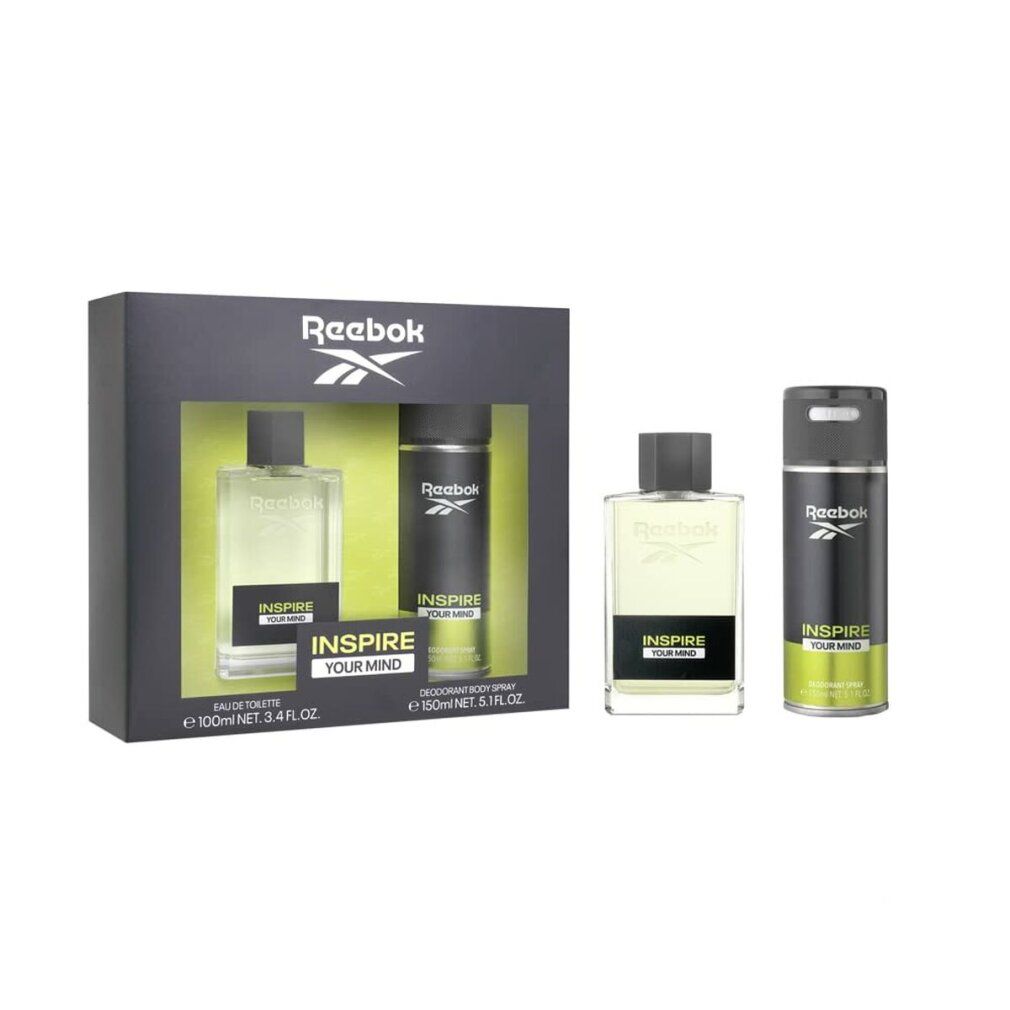 Set regalo Reebok con Eau de Toilette e deodorante spray. Confezione nera. Due altri flaconi accanto. Nomi dei prodotti e logo.