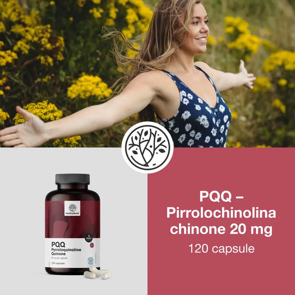 Flacone di PQQ Pirrolokinolina Chinone, 120 capsule, benessere naturale.