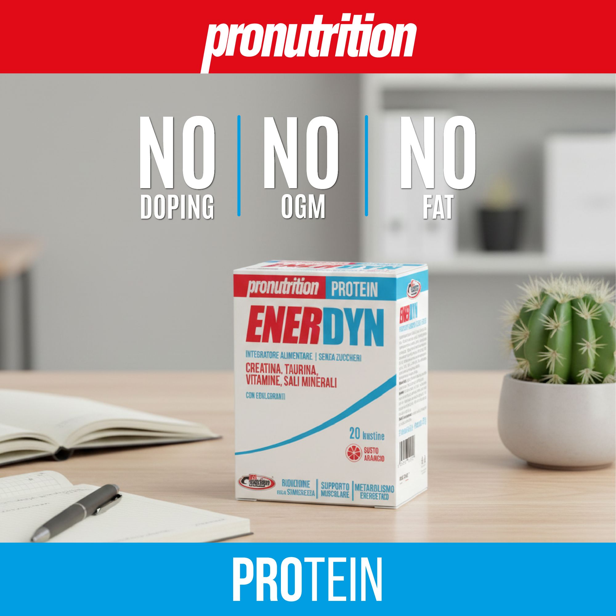 Scatola di proteine Enerdyn su un tavolo. Testo: NO Doping, NO OGM, NO Fat. Piccolo cactus e libro aperto.