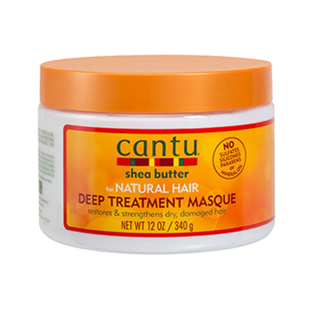 Cantu Deep Treatment Masque. Vasetto bianco con coperchio arancione. Etichetta gialla con informazioni e logo del prodotto.